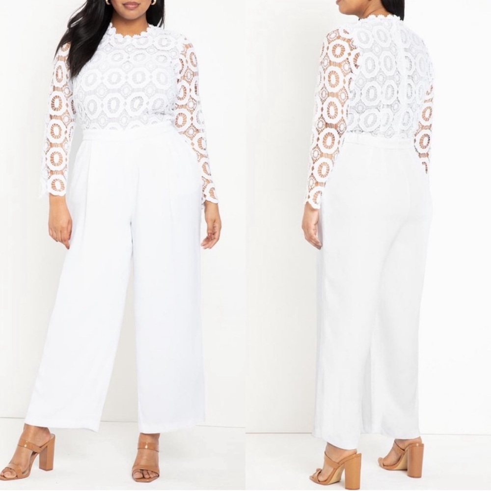 Eloquii White Lace Wide Leg One Piece Jumpsuit Sz 16